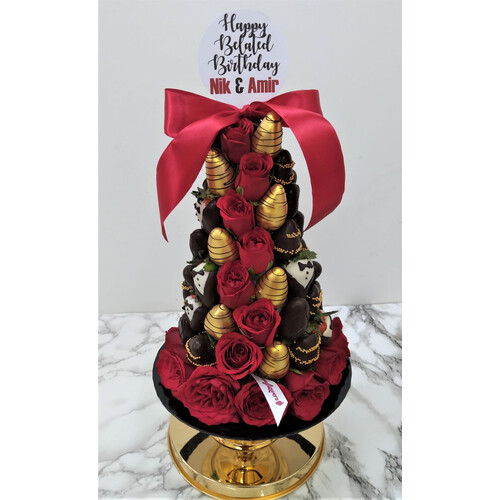 30cm Gold Tuxedo with Red Rose Strawberry Tower (Medium)